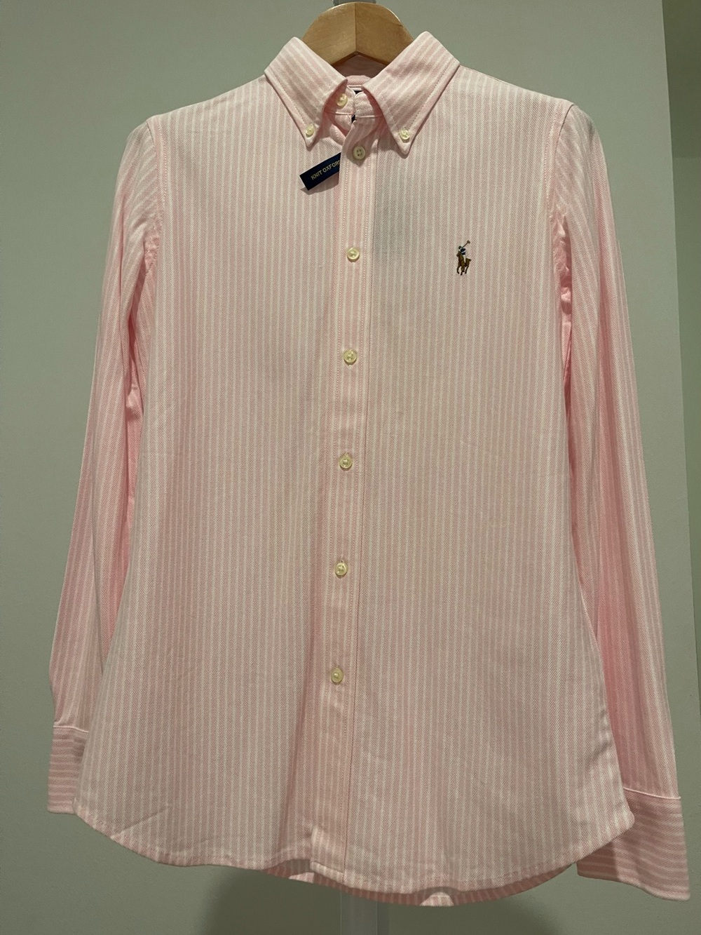 Ralph Lauren Women’s Pink White Striped Knit Oxford Button Down Shirt M NWT